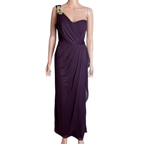 Xscape One Shoulder Ruched Chiffon Maxi Dress 10 Cocktail Formal Prom Ball FLAWS - Picture 1 of 8